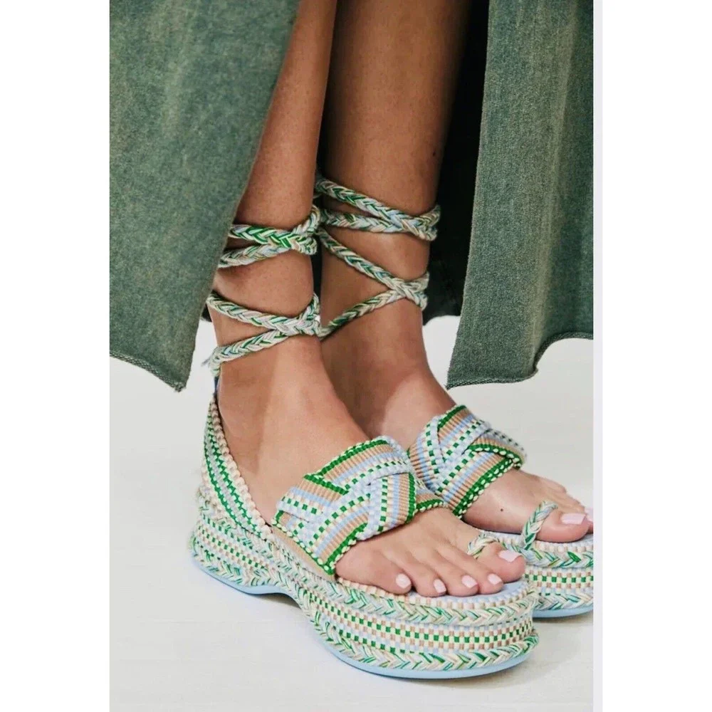 Anthropologie Amambaih Women Manuela Green Blue Strappy Wedge Sandals Sz 36/5 US